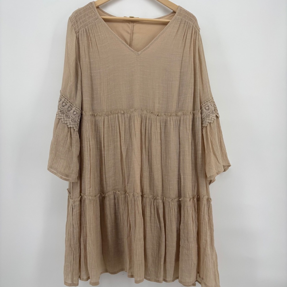 Indigo Rose Babydoll Dress Women 2X Tan Excellent Boho Crochet Tiered Bell Sleev